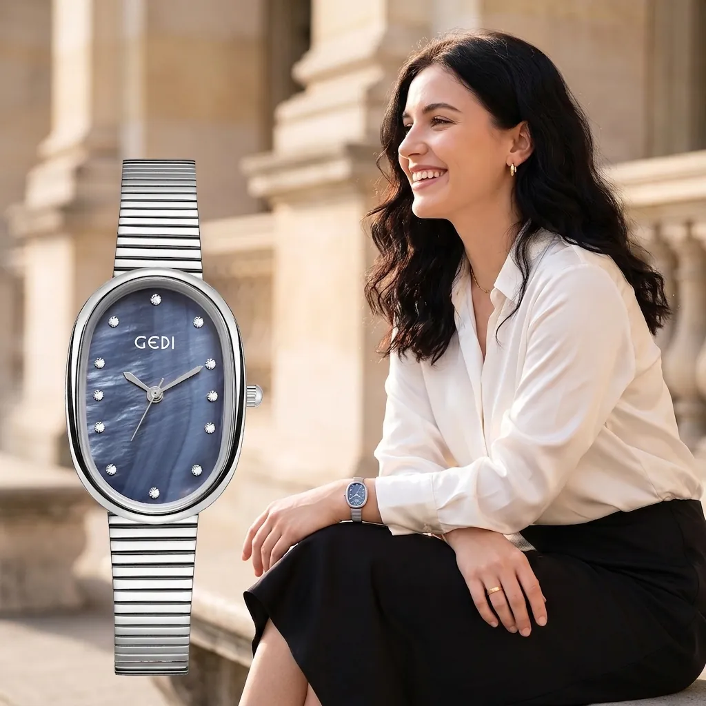 Montre Femme Quartz Boîtier Ovale Cadran Nacre Index Strass Bracelet Alliage Étanche Élégant Mode Montre-bracelet