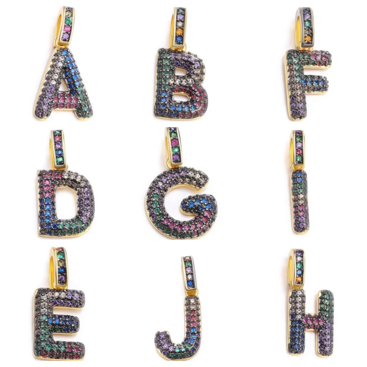 Alphabet Letter Pendant Charm Copper With Colorful Zircon DIY Jewelry Making Pavé Rainbow Hip Hop Style