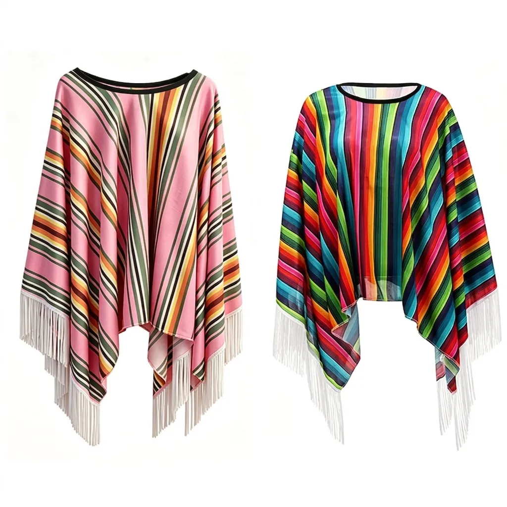 Scialle Poncho a Righe Colorate in Stile Folk Messicano Con Nappine per Adulti Bambini Costume da Festa di Carnevale Mantella in Poliestere