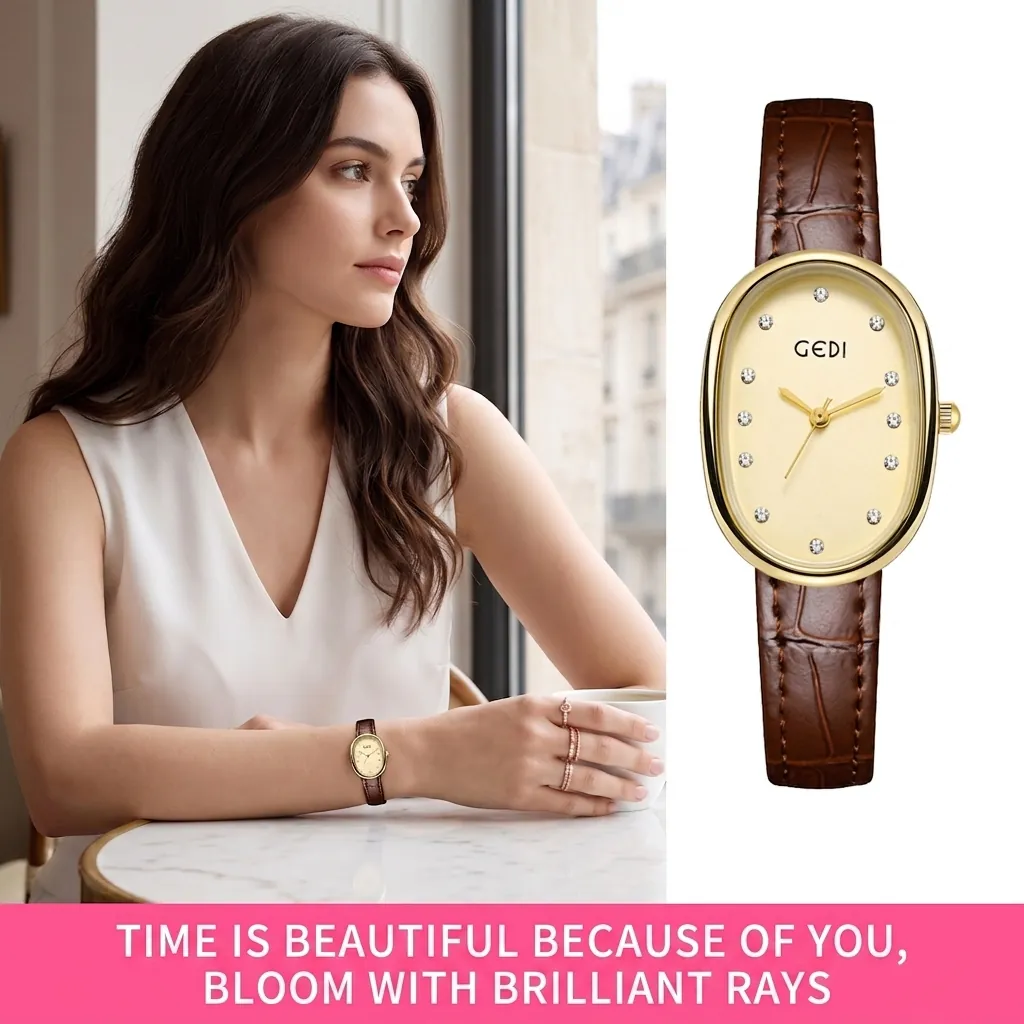 Women Quartz Watch Oval Mother Of Artificial Pearl Dial Rhinestone Markers Waterproof Leather Strap Elegant Vintage Office Style