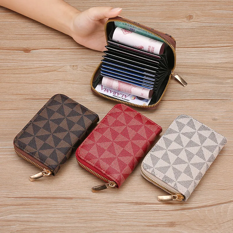 Women's Short Accordion Card Holder Large Capacity PU Leather Multi-Slot ID Case Geometric Pattern RFID Blocking Coin Purse