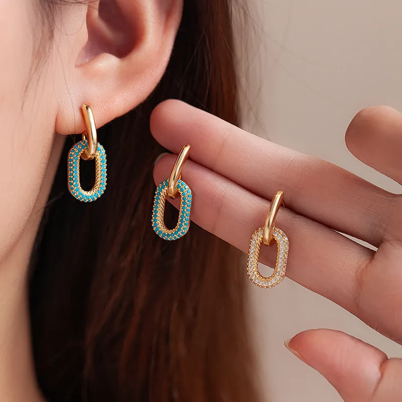 Boucles d'Oreilles Double Anneau Géométrique en Cuivre Plaqué Or 16K Luxe Micro Strass Boucles d'Oreilles Femme Bijoux Cadeau