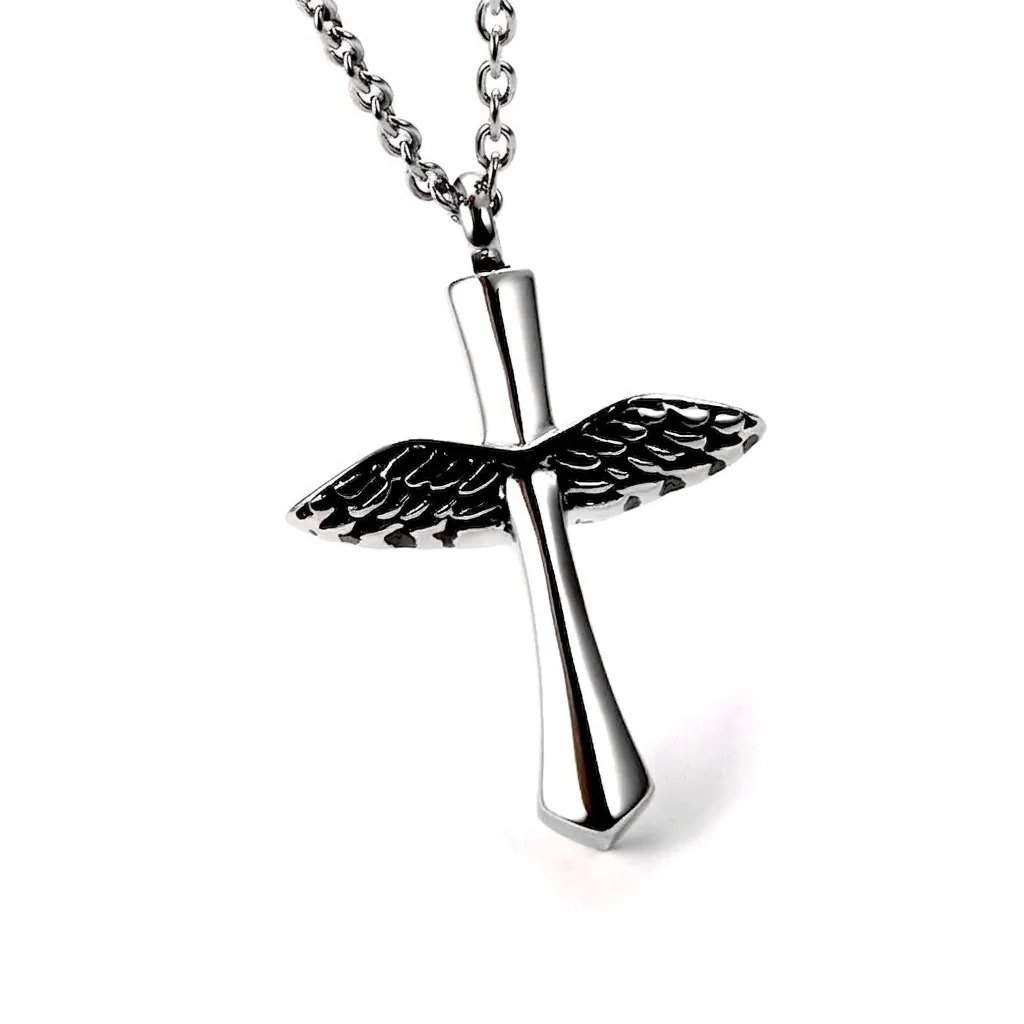 Vintage Titanium Steel Wings Cross Cremation Urn Pendant Necklace For Ashes Polished Memorial Perfume Bottle Ashes Jewelry