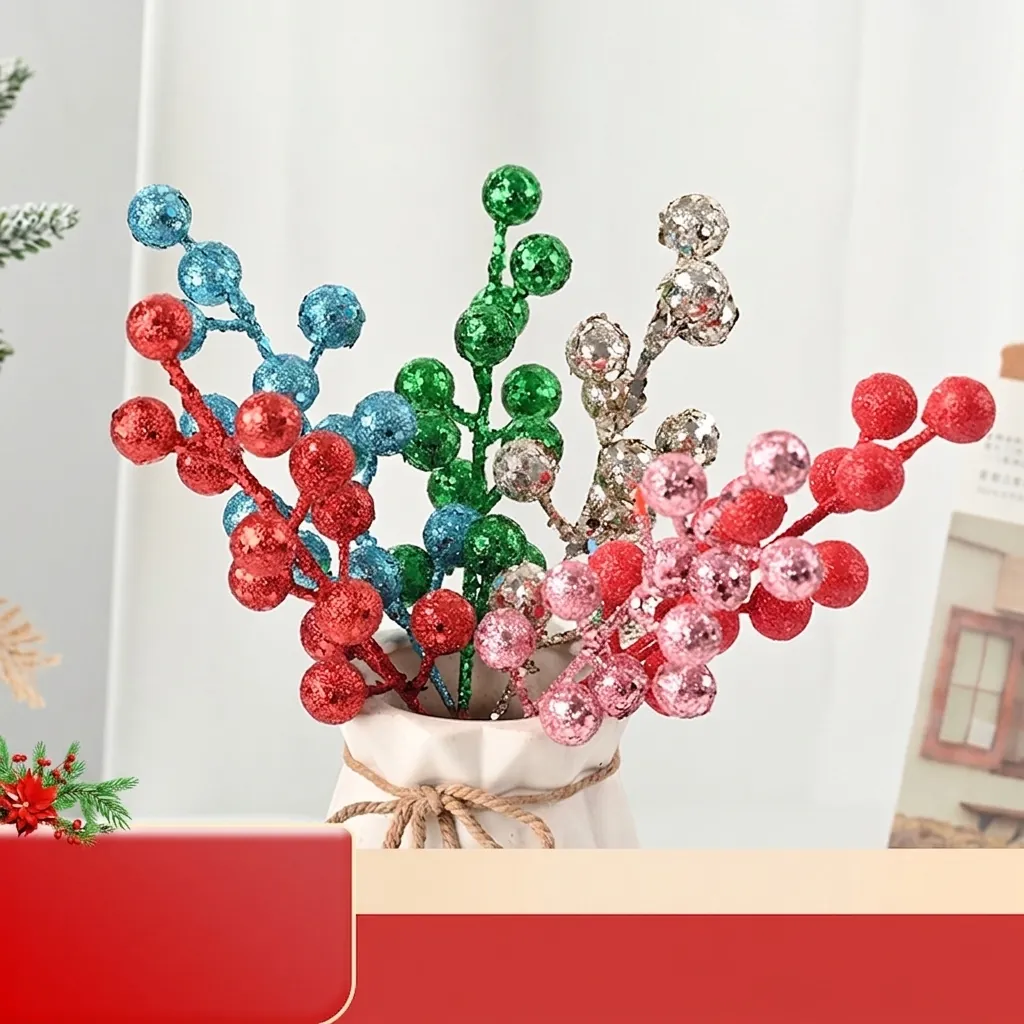Christmas Glitter Berries Stems Foam Berry Branches For Xmas Tree Decoration Holiday Home Party Floral Decor