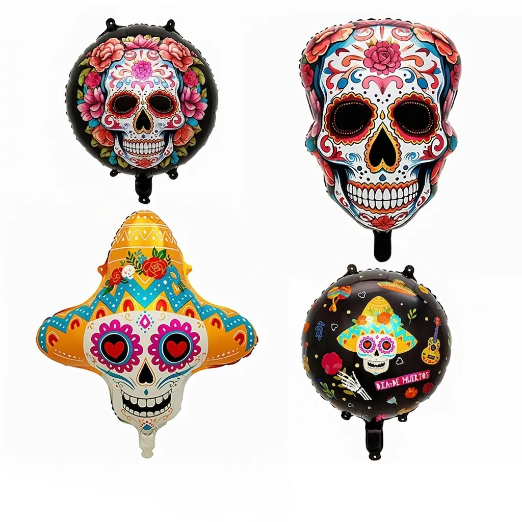 Ballons de Crâne en Sucre du Jour des Morts Mexicain Ballons de Crâne en Feuille d'Aluminium pour Décorations de Fête d'Halloween