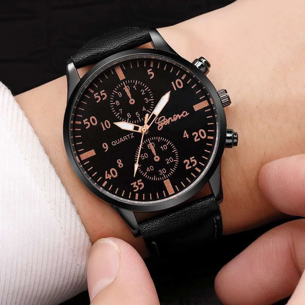 Geneva Style Fashion Men Quartz Watch Alloy Case Faux Leather Strap Chronograph Look Casual Wristwatch Gift For Men