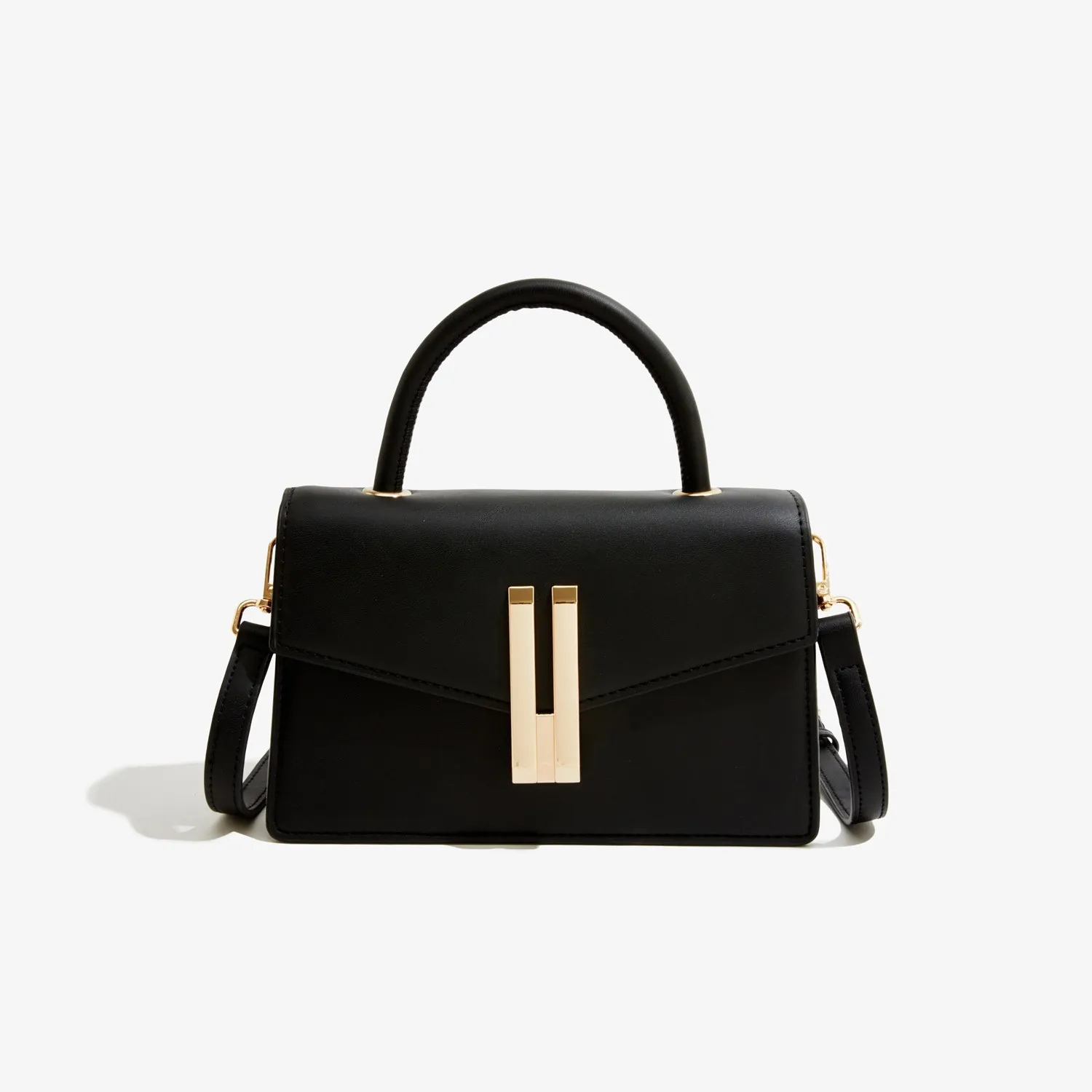Women PU Leather Small Square Handbag With Gold Lock Adjustable Shoulder Strap Minimalist Crossbody Top Handle Bag