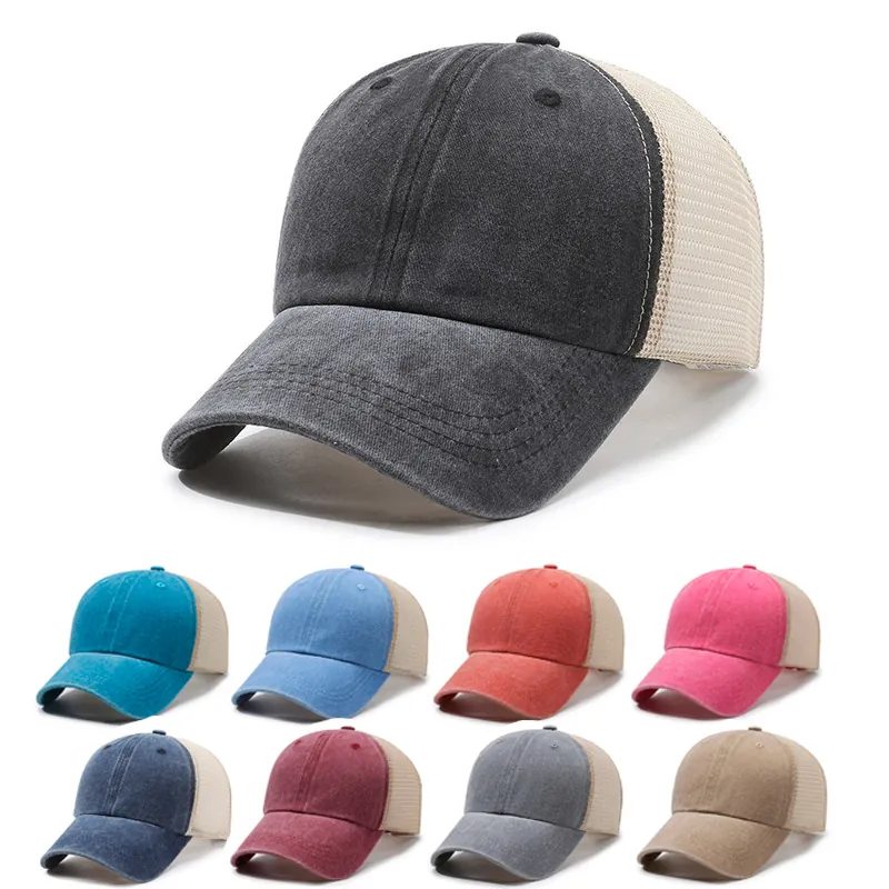 Vintage Washed Cotton Mesh Baseball Cap Distressed Retro Trucker Hat Breathable Solid Color Adjustable Sunshade Cap Men Women Outdoor Accessories
