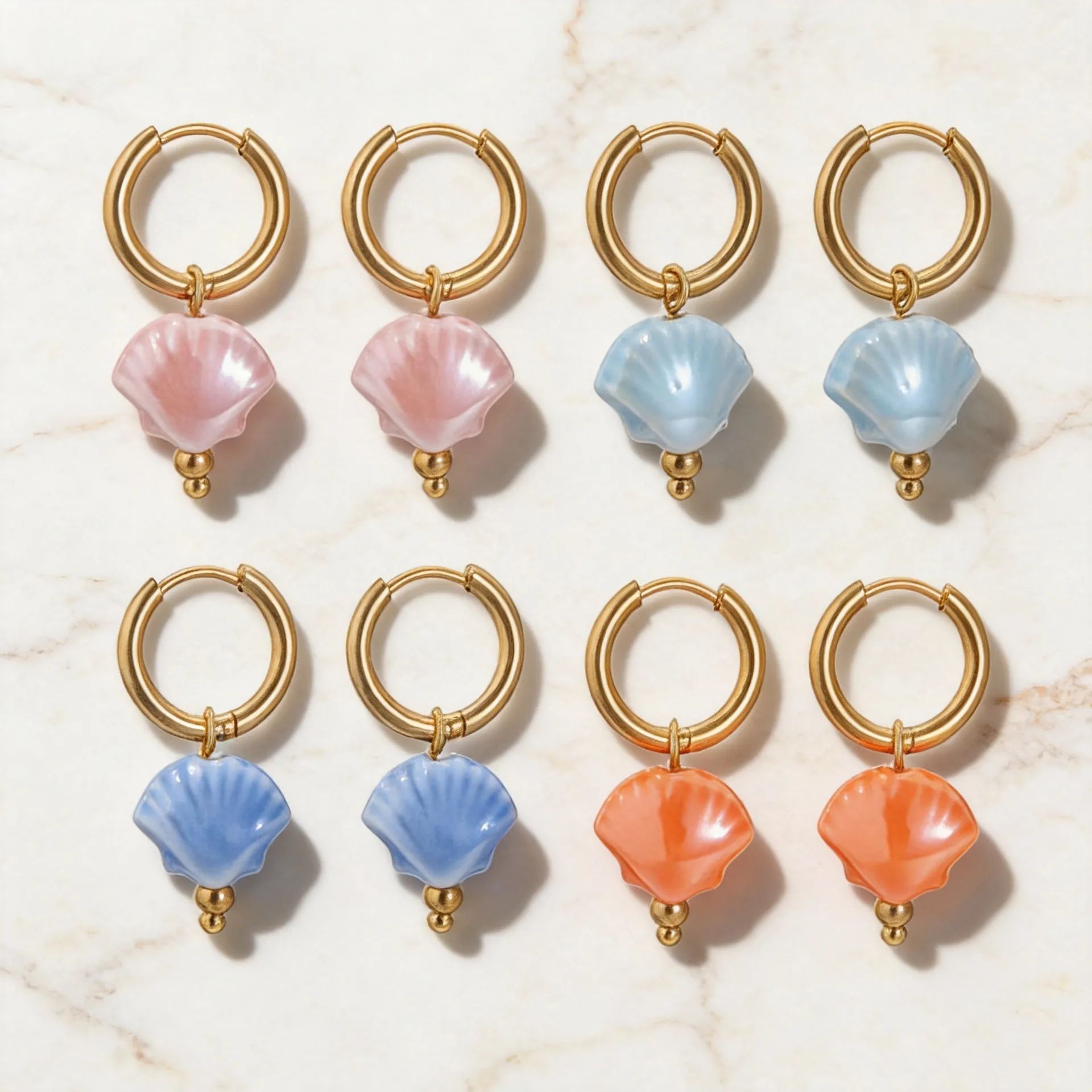 Summer Ocean Style Colorful Ceramic Shell Drop Earrings Stainless Steel Hoop Earrings For Women Beach Vacation Jewelry