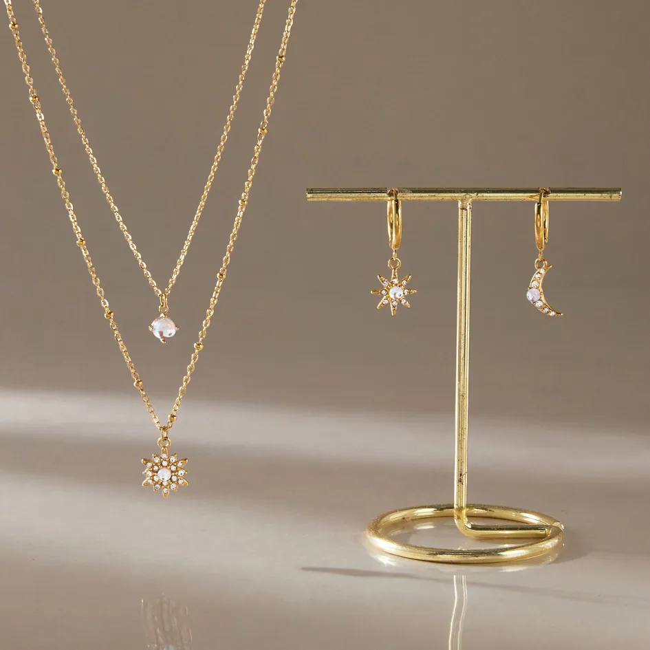 18K Vergoldet 316L Edelstahl Stern Mond Schmuckset Mondstein Strass Doppelreihige Halskette Creolen Damen