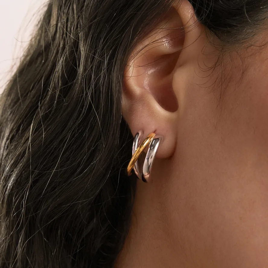 Minimalist Stainless Steel Two Tone Layered Intertwined Stud Earrings For Women Niche High End Light Luxury C Shaped Geometric Earrings
