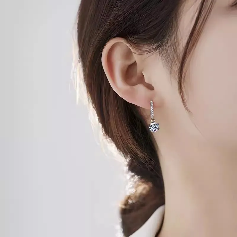925 Sterling Silver Rhinestone Six-Prong Round Stud Earrings For Women Korean Style Luxury Drop Hoop Earrings Jewelry