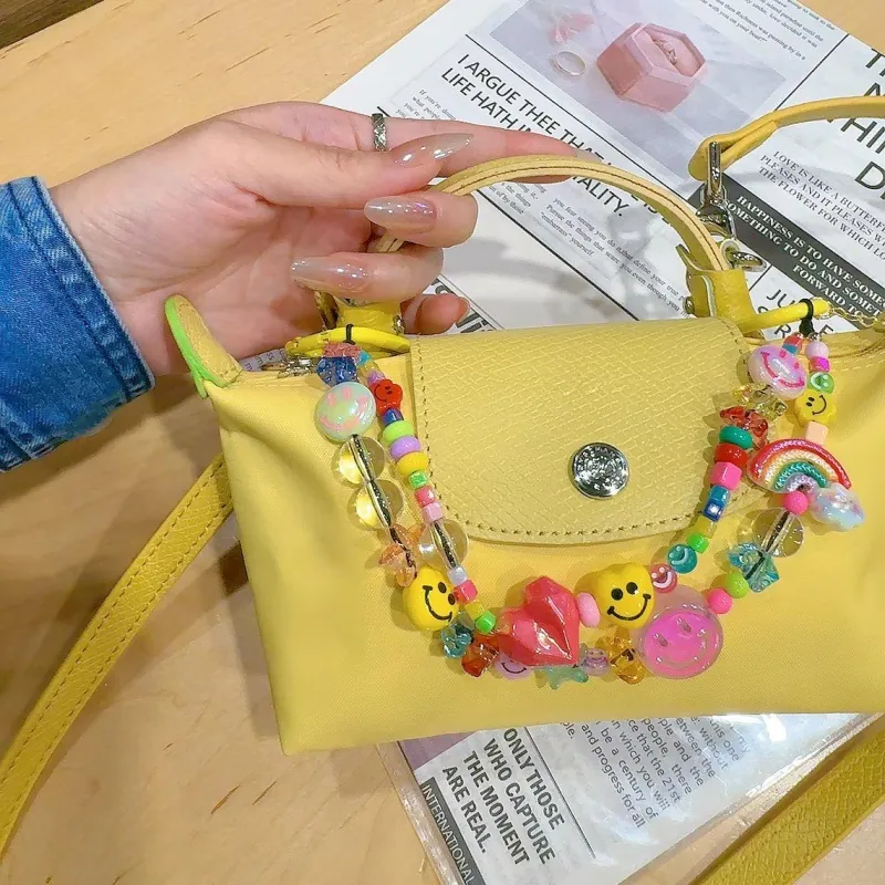 Y2K Cute Colorful Beaded Bag Charm Acrylic Smiley Face Heart Rainbow Phone Lanyard DIY Accessory For Women Girls
