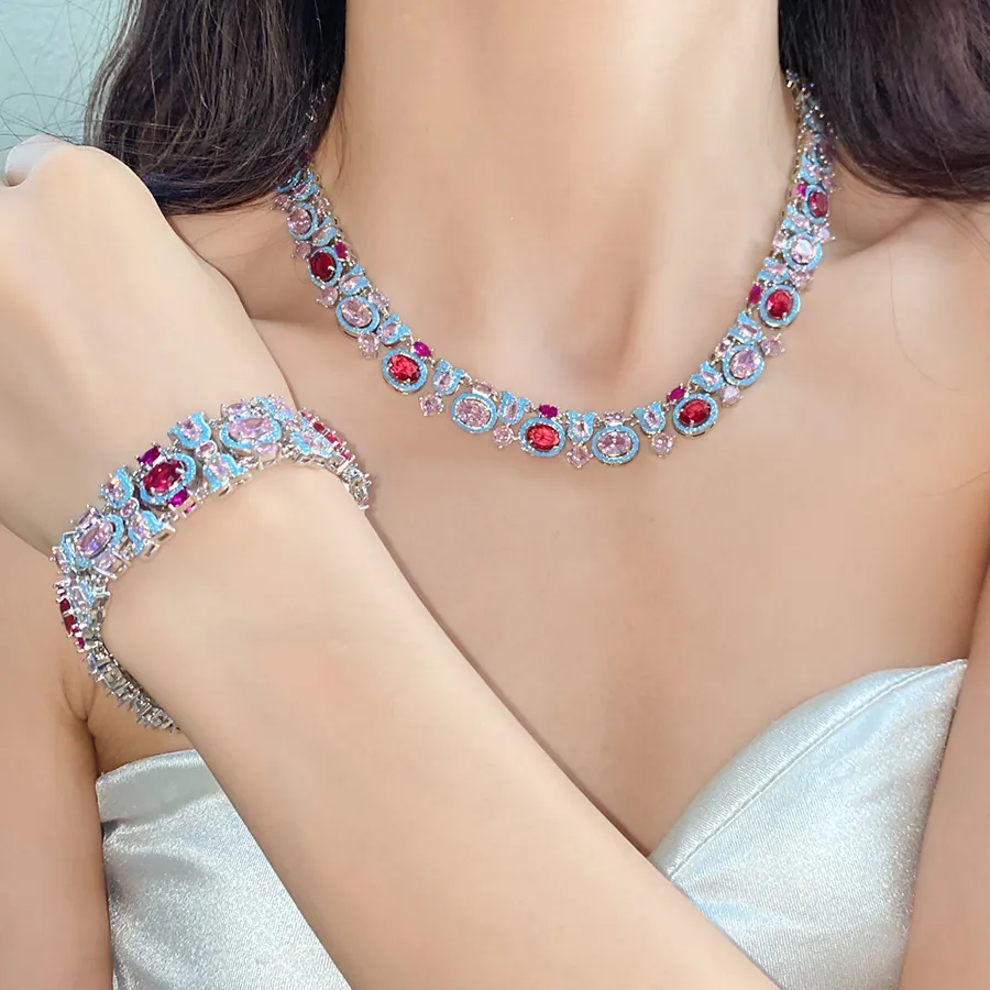 Juego de Joyas de Cobre con Circonia Estilo de Corte Vintage Lujo Ovalado Multicolor Strass Collar y Pulsera para Mujer