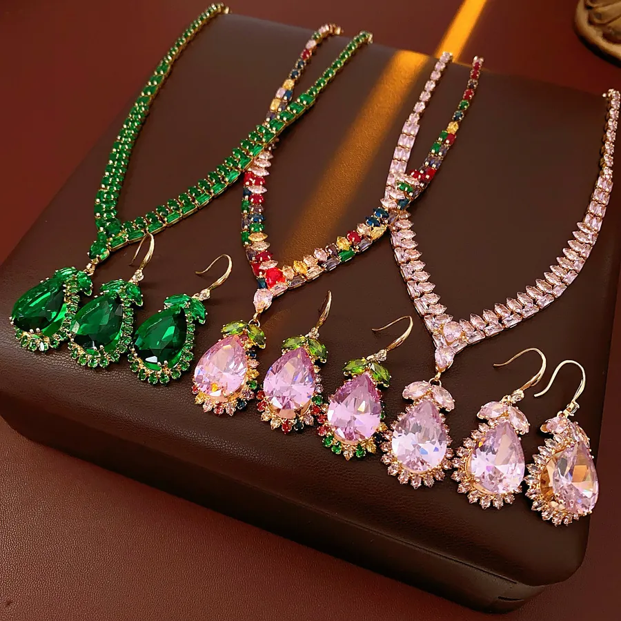 Luxury Palace Style Copper Zirconia Jewelry Set Waterdrop Tassel Pendant Necklace Earrings For Women Wedding Party
