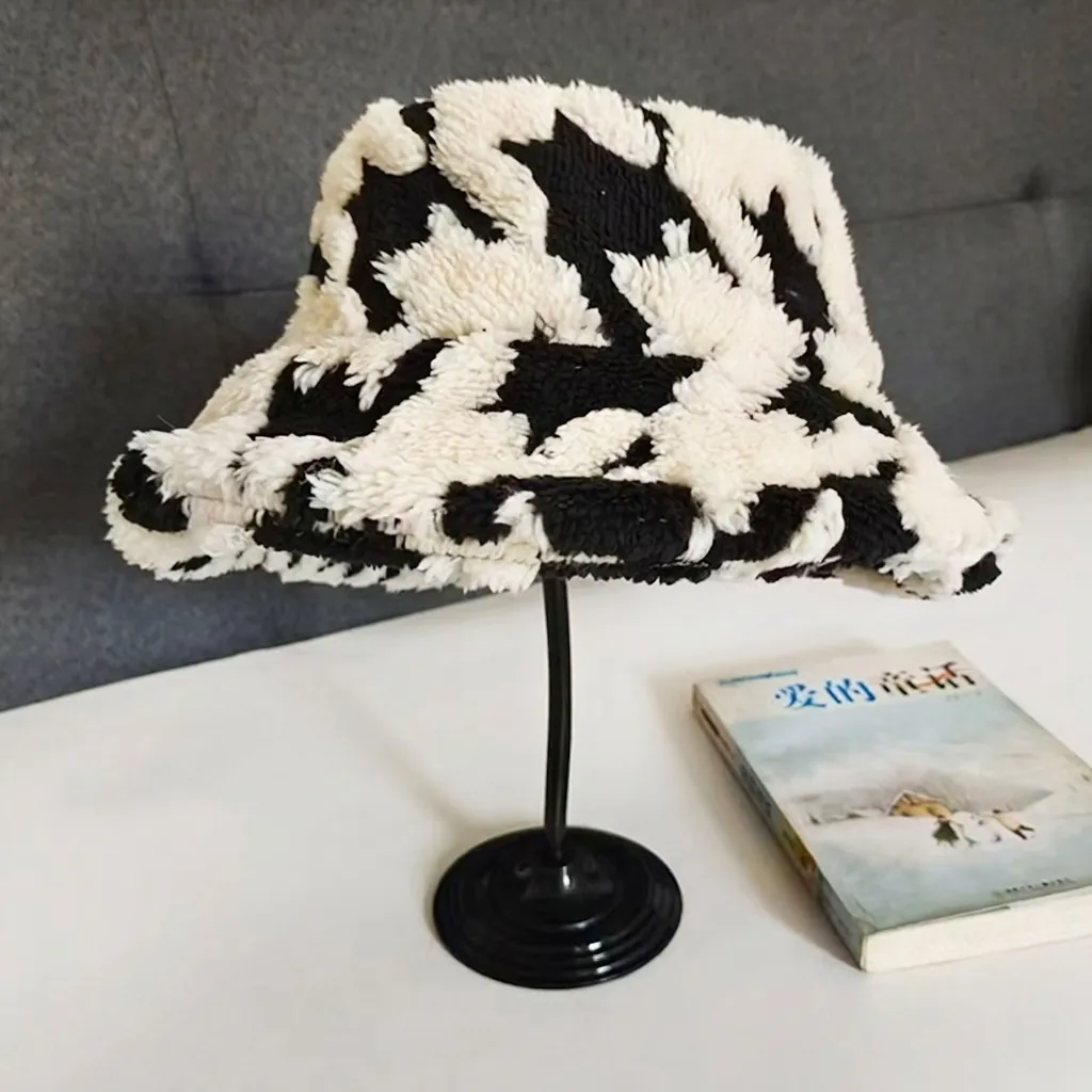 Cappello a Secchiello in Pelliccia Sintetica da Donna Invernale Caldo Ispessito Antivento a Quadretti Moda Peluche per Viaggi All'aperto