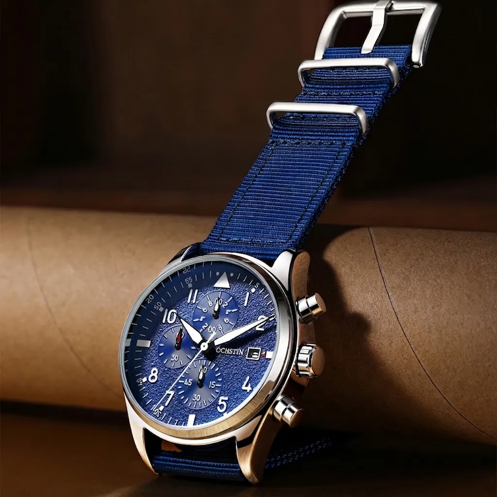 OCHSTIN Men's Multifunction Quartz Watch Zinc Alloy Case Waterproof Luminous Chronograph Date Nylon Strap Casual Sport Wristwatch
