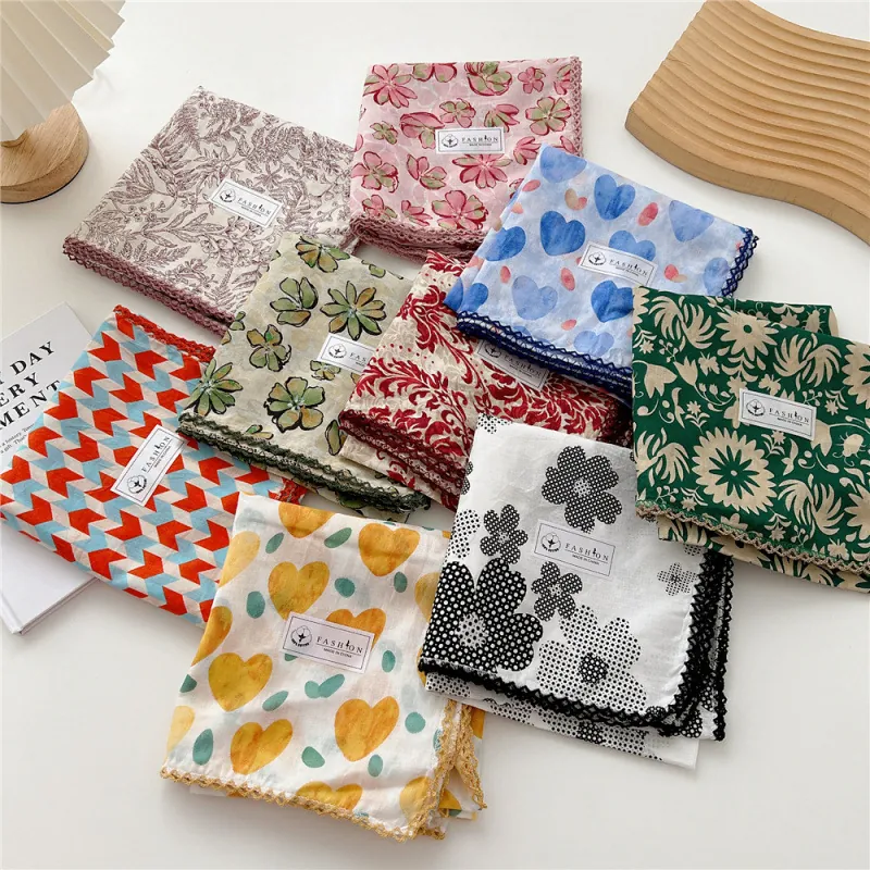 Damen Retro Baumwolle Quadratisches Tuch Blumen Herz Druck Halstuch Mit Spitzenbesatz Literarischer Stil Bandana Kopftuch Schal Zubehör