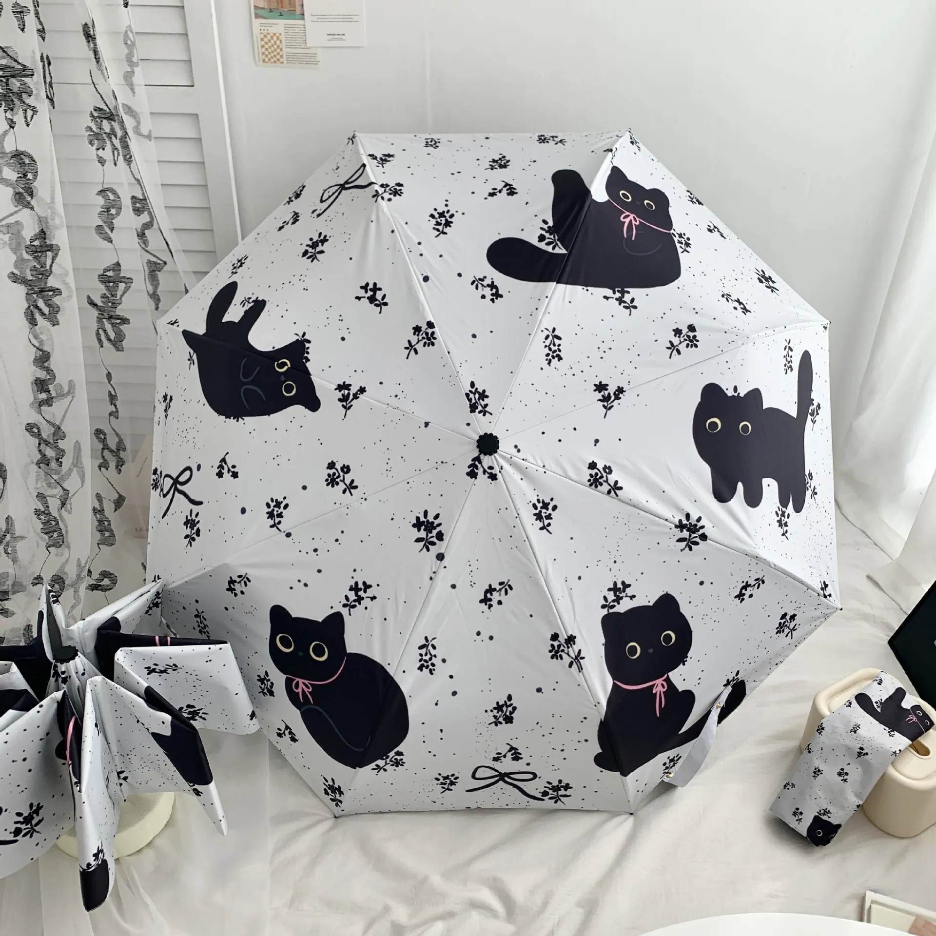 Automatic Foldable Umbrella UV Protection Sun Rain Umbrella Black Cat Floral Print Pongee Fabric 8 Ribs Windproof Portable Parasol