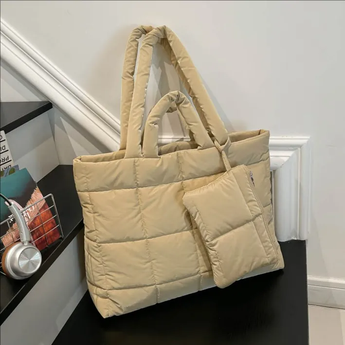 Women Quilted Puffer Tote Bag Large Capacity PU Leather Shoulder Bag With Small Purse 2 Piece Set Fashion Urban Handbag