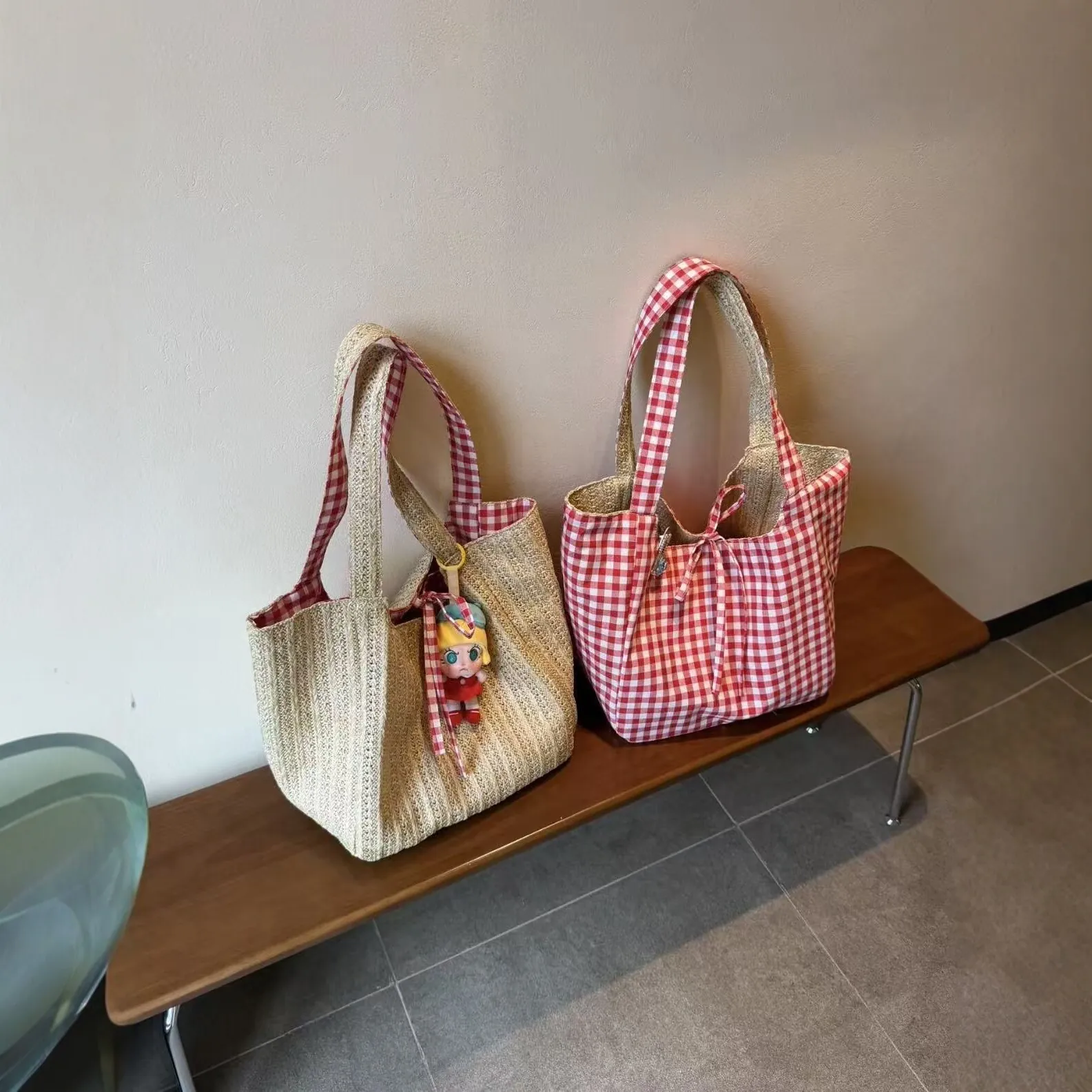 Sac Cabas en Toile à Carreaux Grande Capacité pour Femmes Été Rétro Décontracté Sac à Bandoulière de Shopping