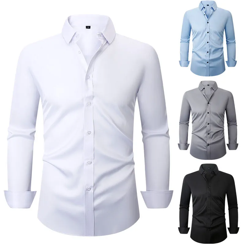 Chemise de Business Ajustée pour Hommes Extensible dans les 4 Sens Manches Longues en Polyester sans Repassage Couleur Unie