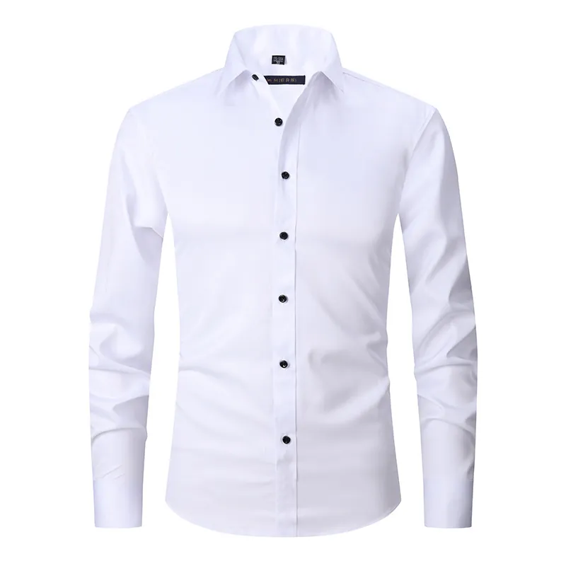 Men Business Casual Long Sleeve Shirt Slim Fit Solid Color Wrinkle-Resistant Stretch Single Breasted Square Collar Dress Shirt Top