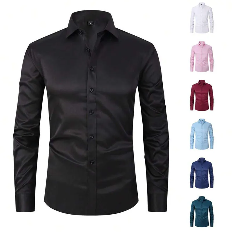 Herren Slim Fit Langarm Stretch Hemd Business Casual Faltenfrei Einfarbig Formales Dress Hemd Top