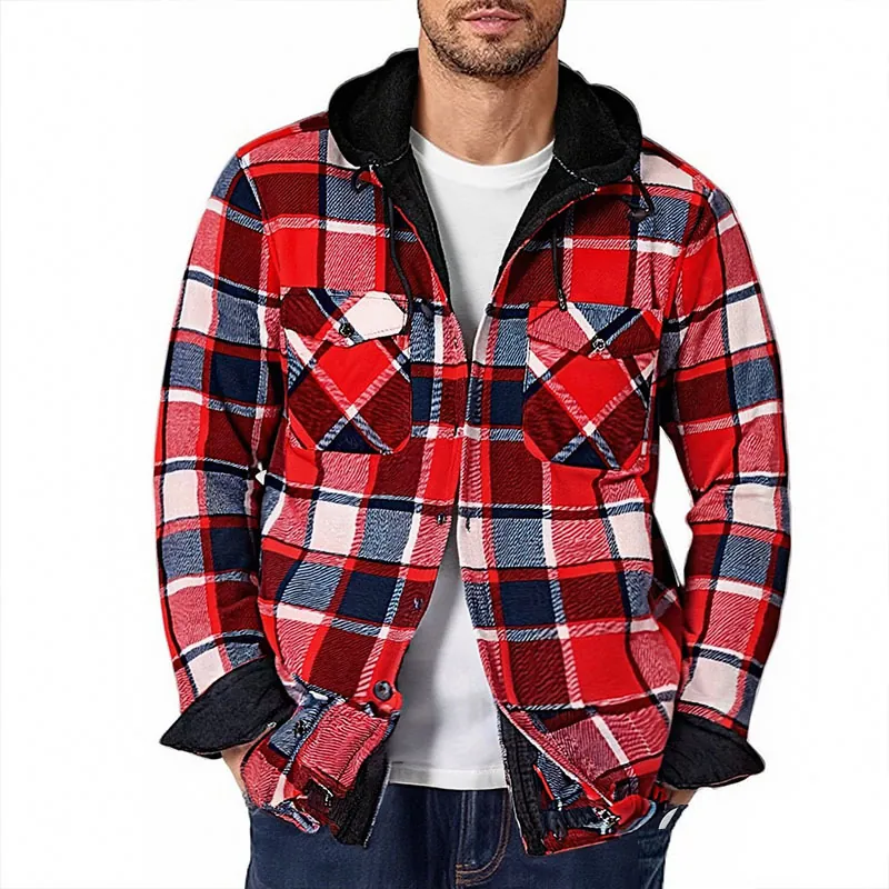 Men's Plaid Flannel Hooded Shirt Jacket Fleece Lined Thickened Warm Long Sleeve Casual Top For Autumn Winter Outerwear
