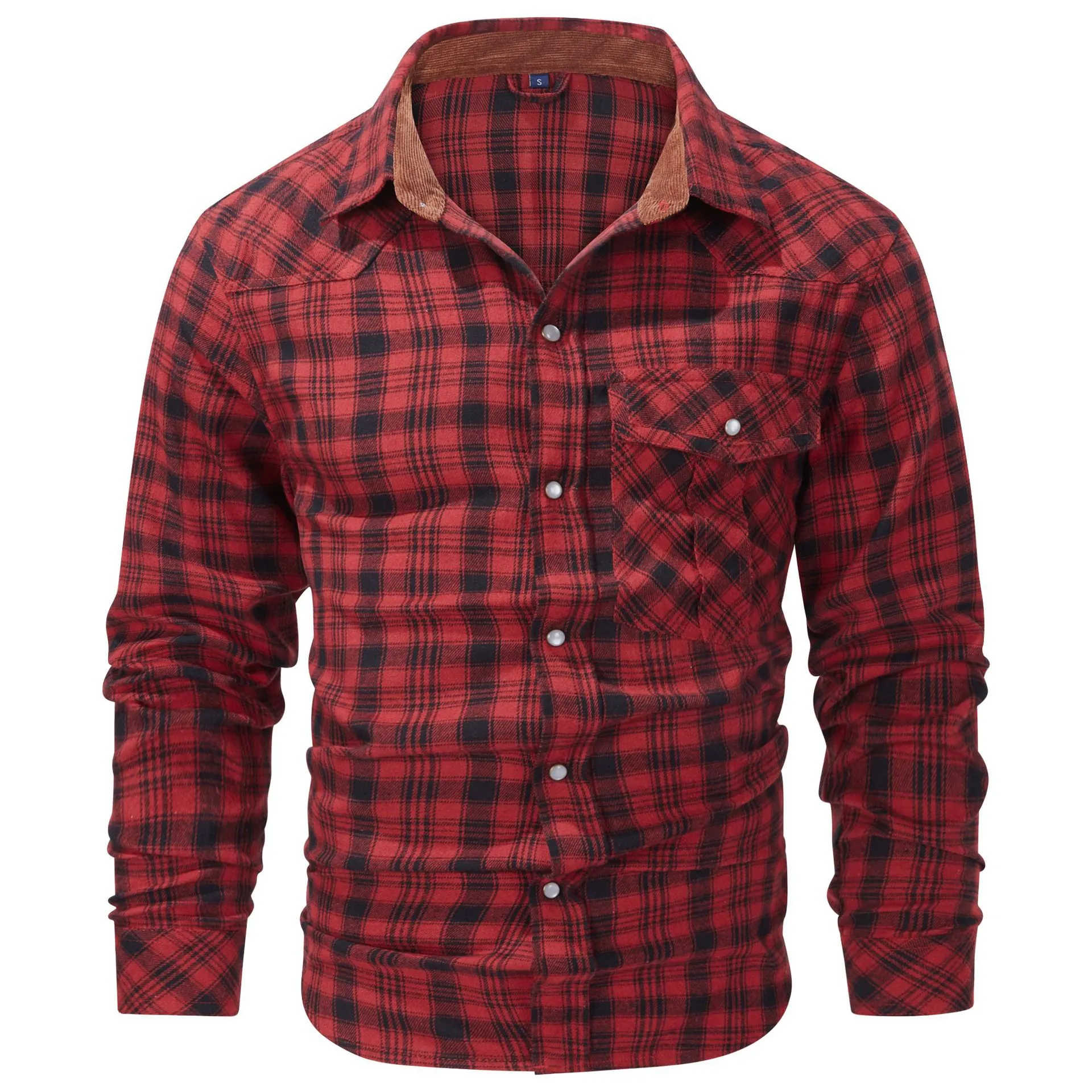 Herren Retro Western Kariertes Flanellhemd Langarm Knopfleiste Top Mit Perlmutt-Druckknöpfen Vintage Kontrastkragen Aus Cord Karοhemd Für Herren