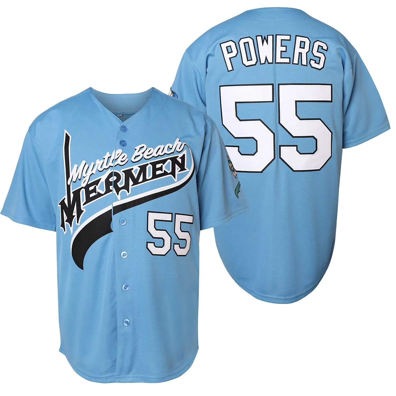 Maglia da Baseball Myrtle Beach Mermen 55 Kenny Powers da Uomo Ricamata Tema Film Top Sportivo Celeste Mesh Poliestere