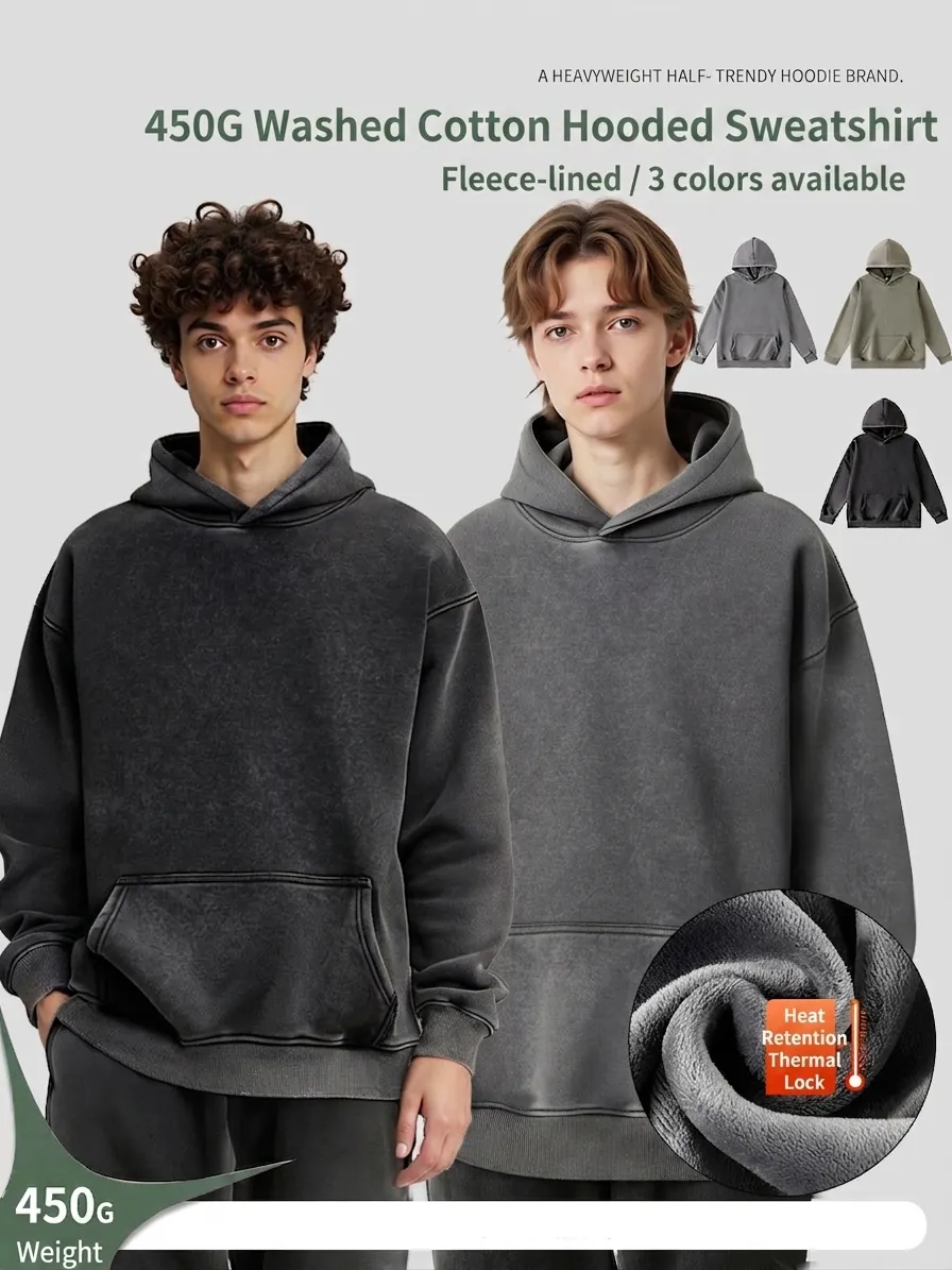 American Vintage Heavyweight Washed Fleece Lined Hoodie For Men Streetwear Oversized Solid Color Winter Warm Pullover Top
