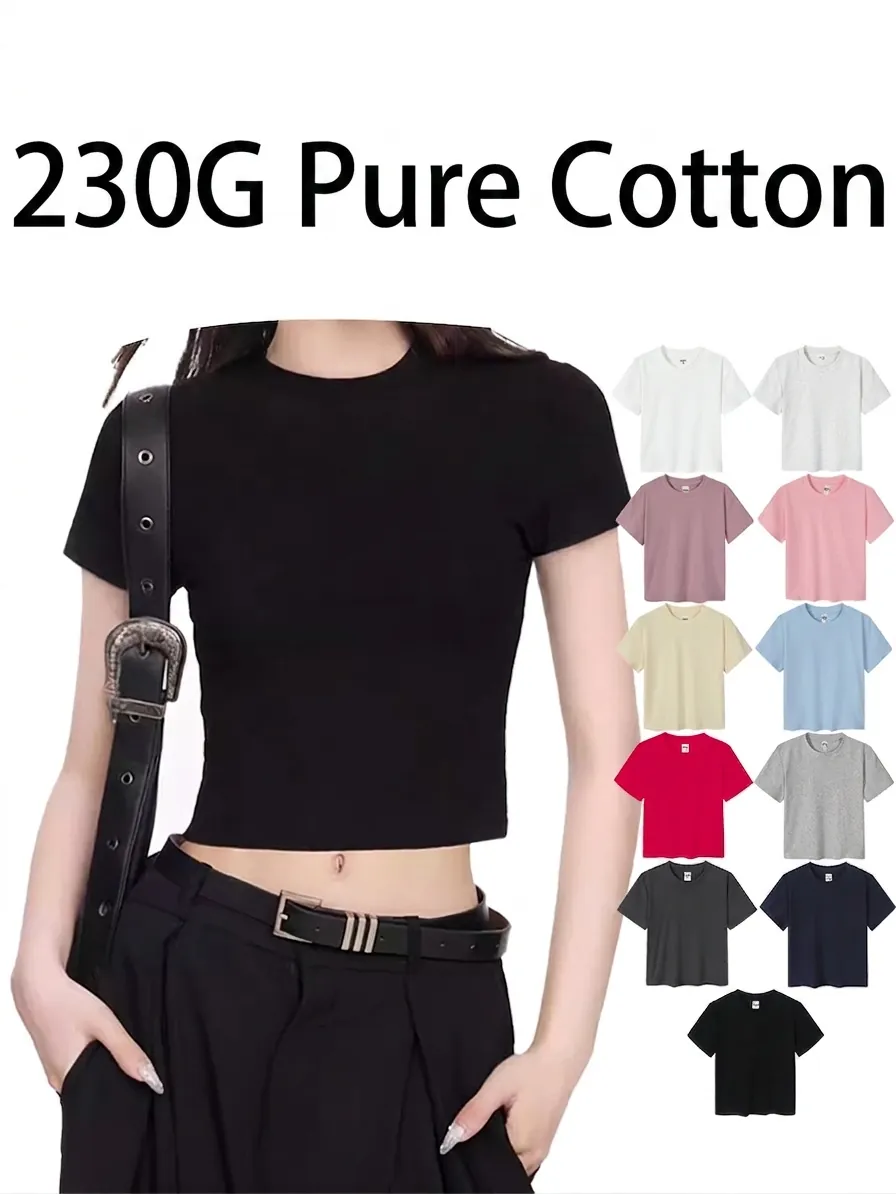 T-Shirt Court Coupe Ajustée Rétro Américain pour Femme en Coton Col Rond Manches Courtes Haut Décontracté