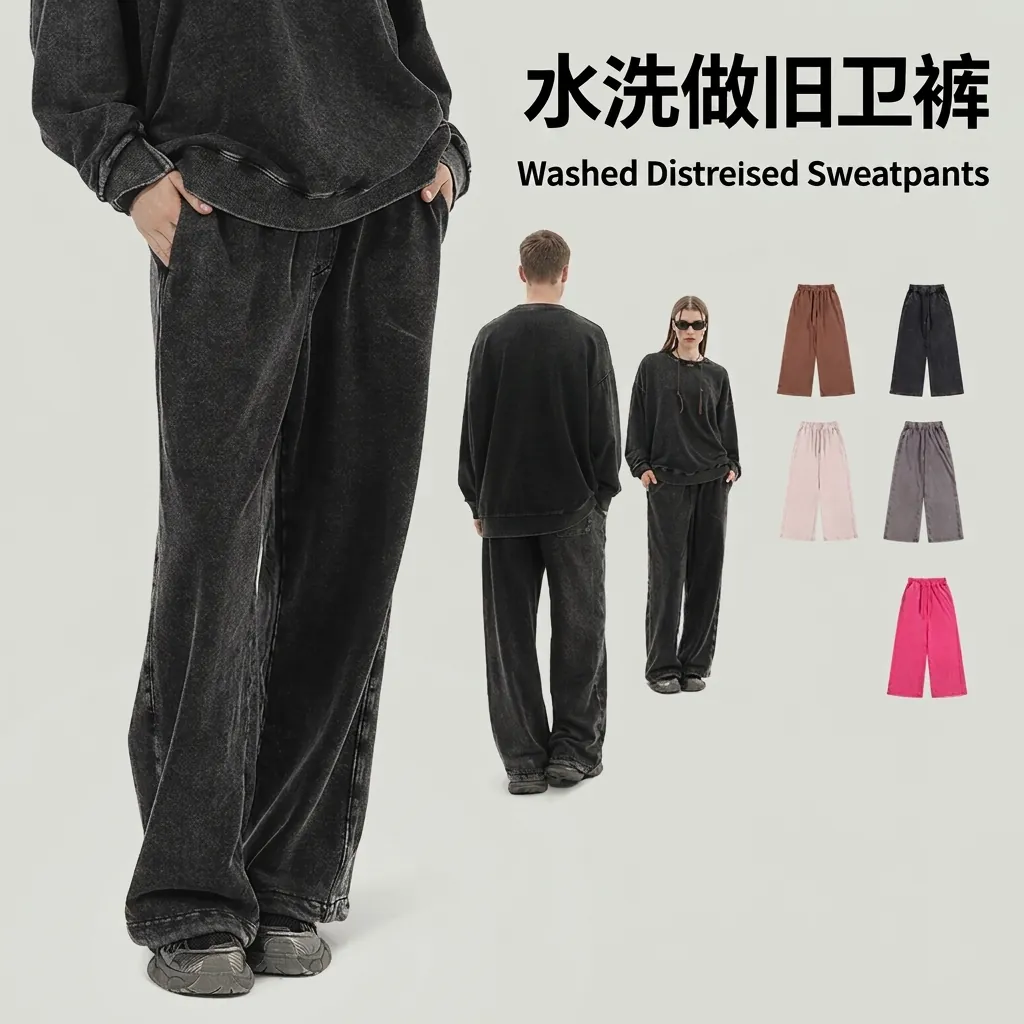 Men Vintage Washed Heavyweight French Terry Sweatpants Loose Fit Distressed Cotton Joggers American Retro Casual Bottoms