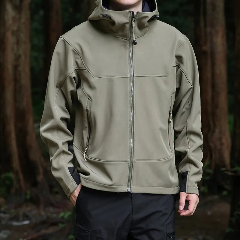 Veste Softshell Extérieure pour Hommes Doublée Polaire Coupe-vent Manteau à Capuche Style Cargo Japonais Casual Top