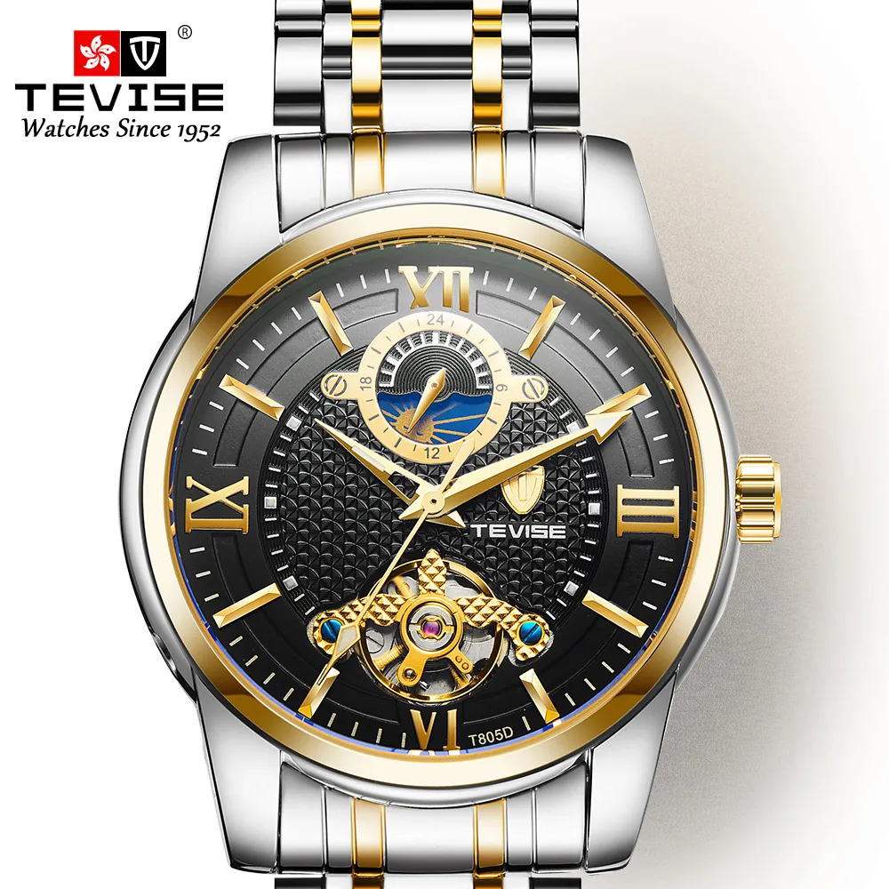 TEVISE Men Automatic Mechanical Watch Stainless Steel Skeleton Tourbillon Moon Phase Luminous Waterproof Business Fashion Wristwatch