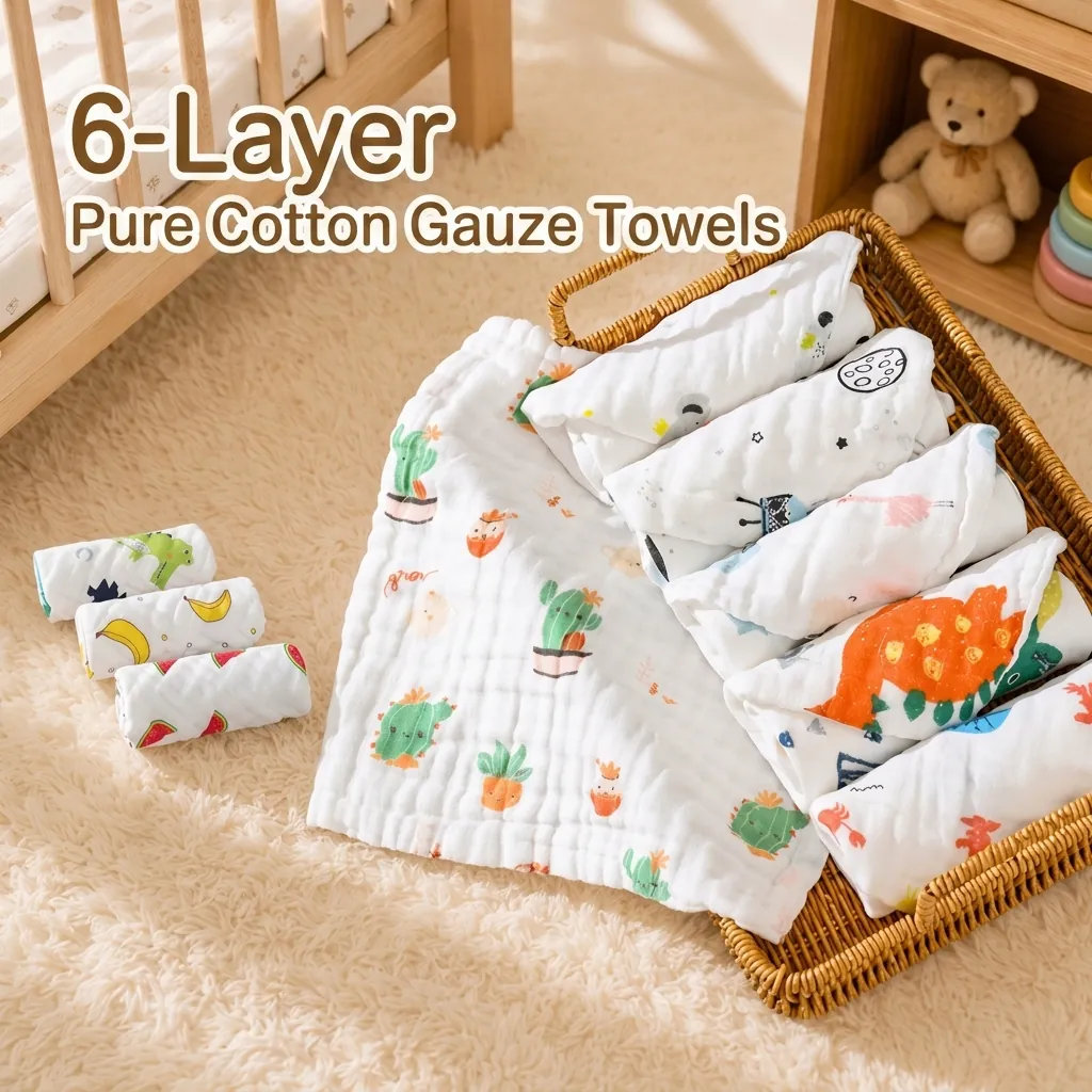 Baby Washcloths Square Towels 100 Percent Combed Cotton 6 Layer Muslin Gauze Soft Absorbent Cartoon Print Newborns