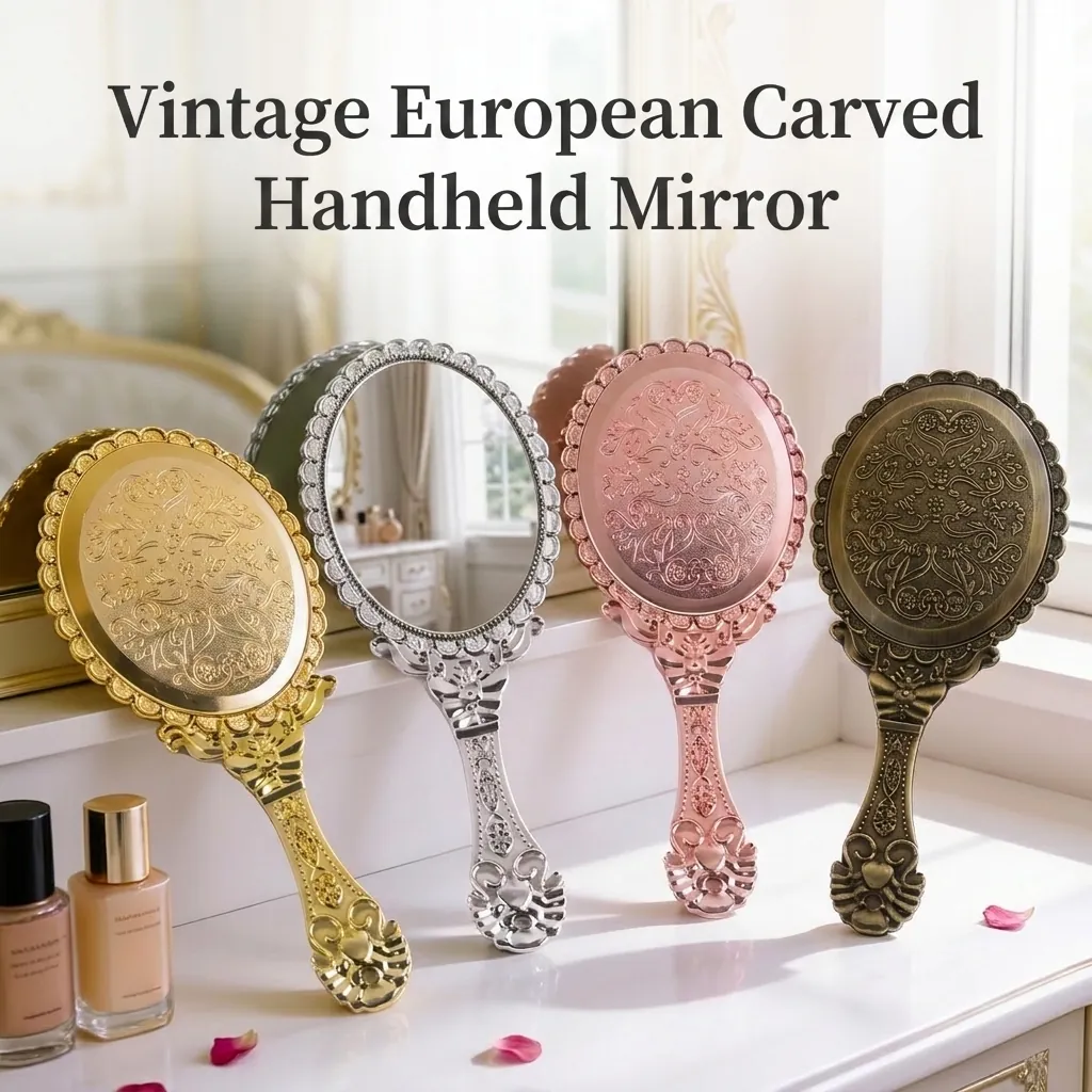 Vintage Handheld Makeup Mirror Baroque Embossed Floral Pattern Portable Electroplated Plastic Vanity Travel Mirror For Women