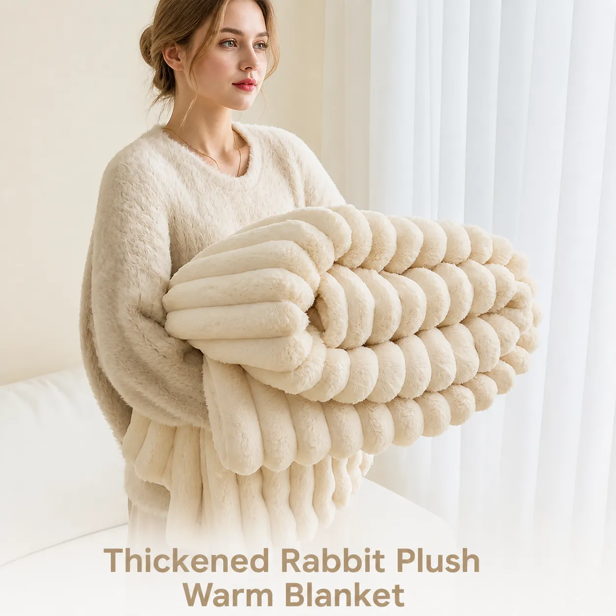 Modern Minimalist Polyester Thick Plush Faux Rabbit Fur Blanket Ribbed Texture Solid Color Warm Throw Blanket For Sofa Bed Office Car