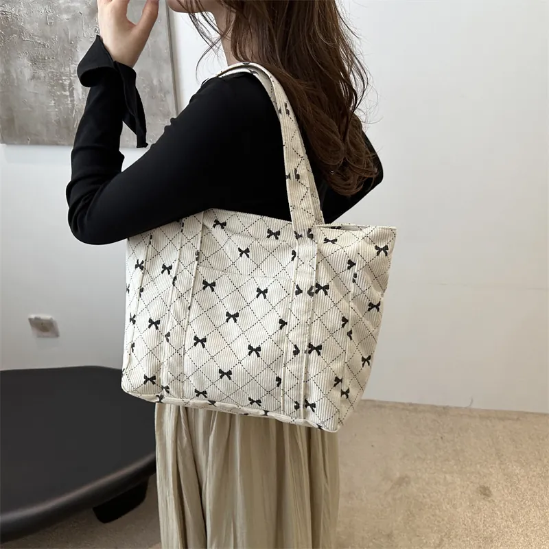 Women Korean Style Quilted Canvas Tote Bag With Bow Pattern Diamond Lattice Large Capacity Shoulder Bag Casual Handbag