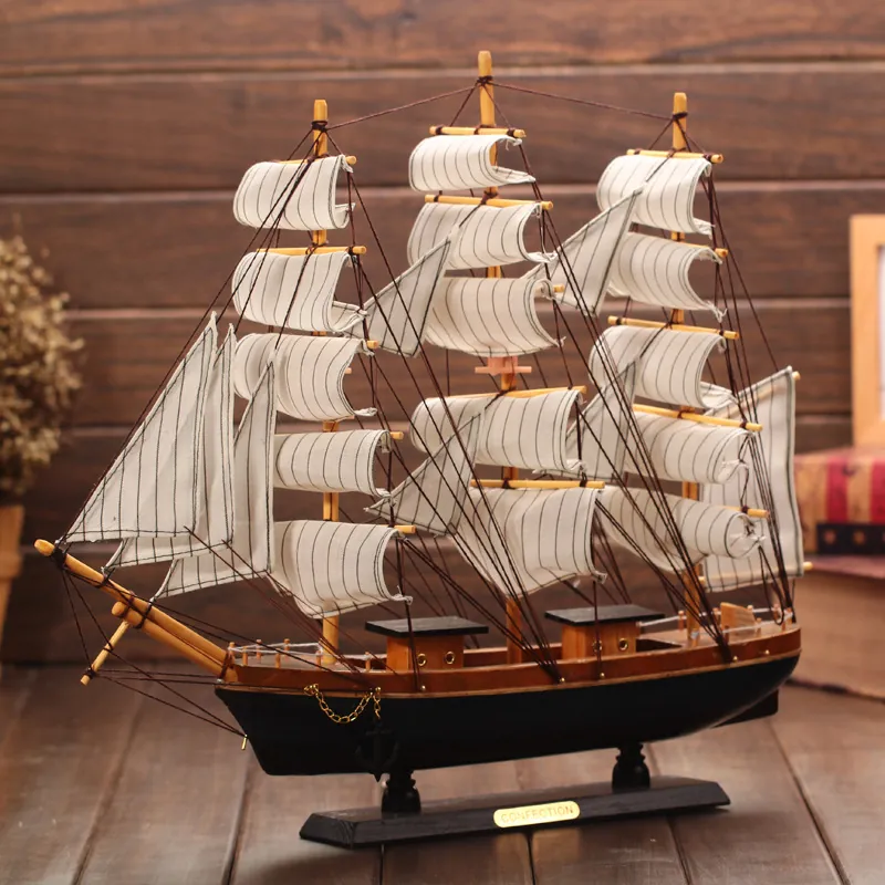 Mediterranean Style Wooden Sailing Boat Model Handmade Nautical Desk Ornament Smooth Sailing Wood Craft Home Office Table Decor Gift
