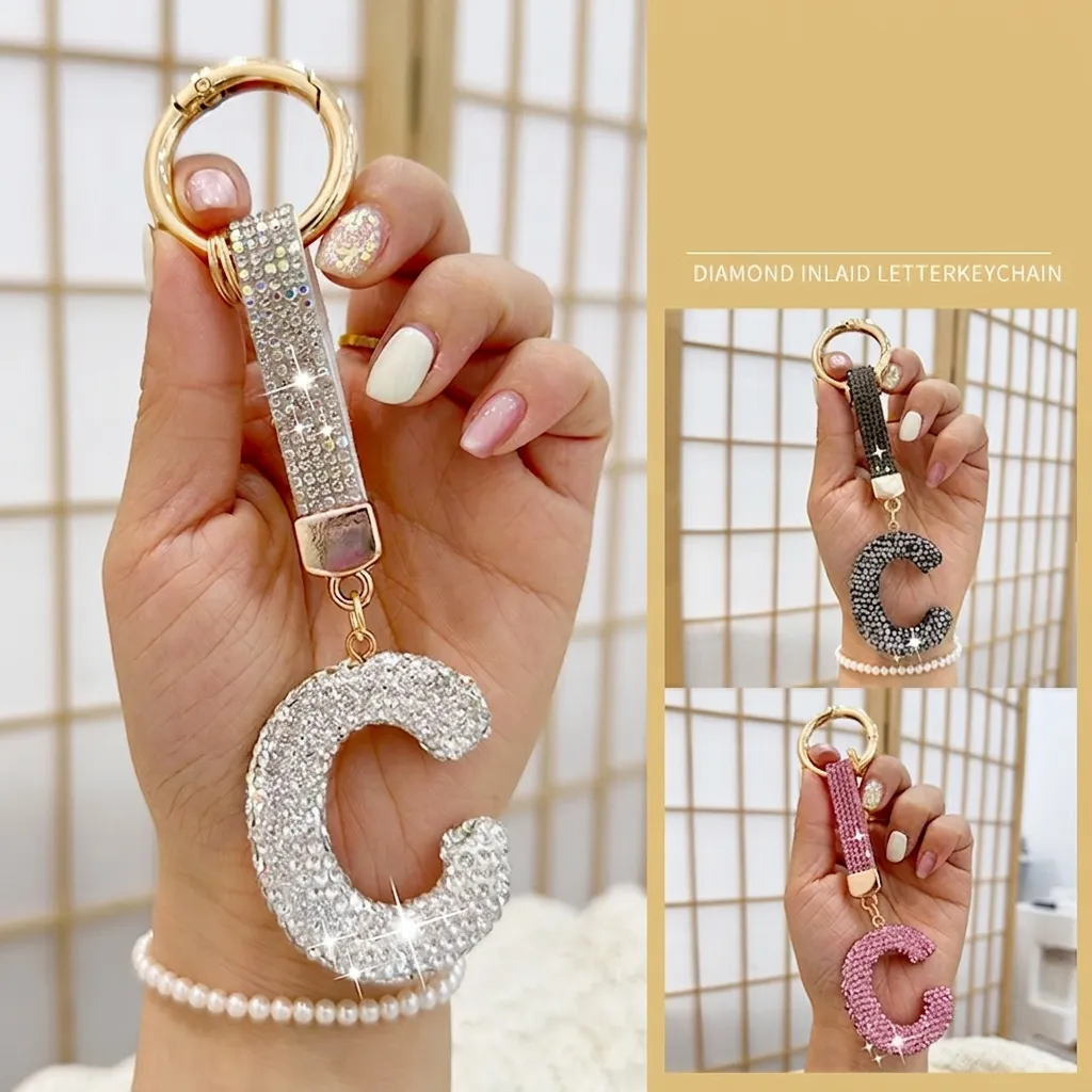 Rhinestone English Alphabet Letter Keychain Zinc Alloy Crystal Car Pendant Bag Charm Accessories For Women Men Jewelry Gift
