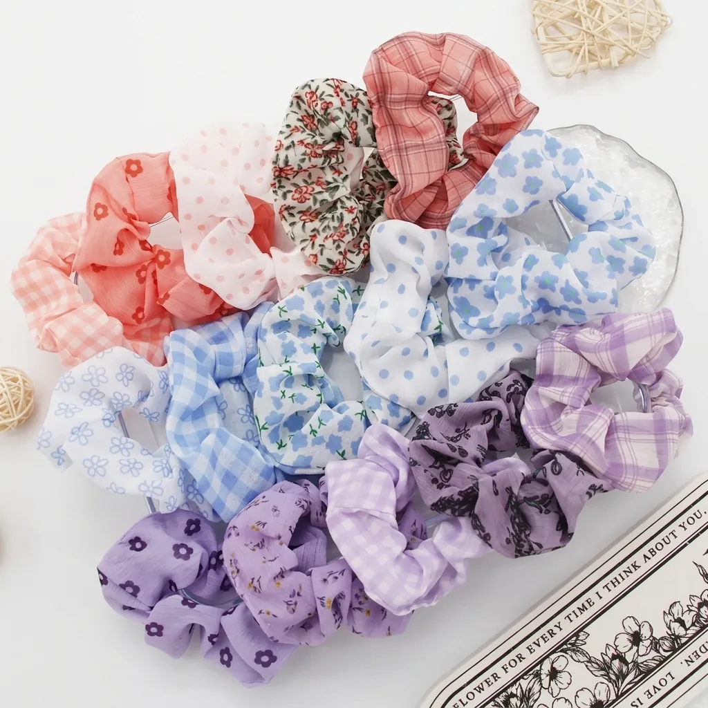 Korean Ins Style Floral Checkered Polka Dot Polyester Large Scrunchies Elastic Fabric Hair Bands Pastoral Hair Ties Women Girls