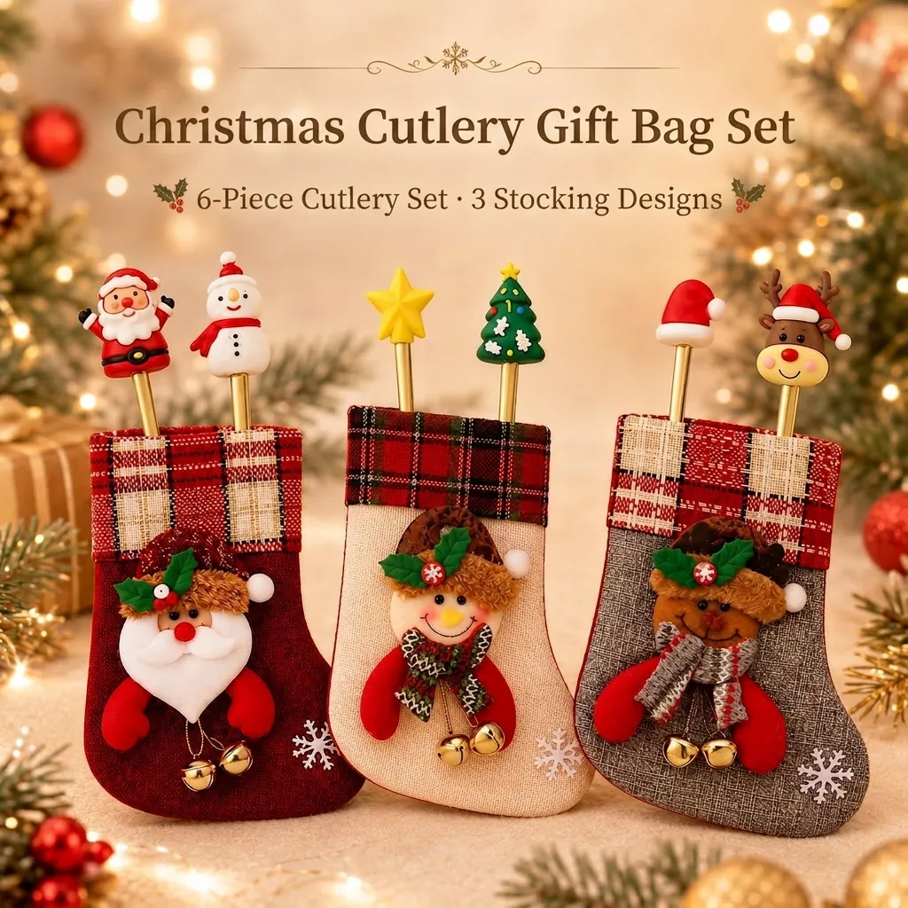 Christmas Cutlery Set Stainless Steel Spoons Forks With Stocking Gift Bag Santa Reindeer Decoration Gold Silver Dining