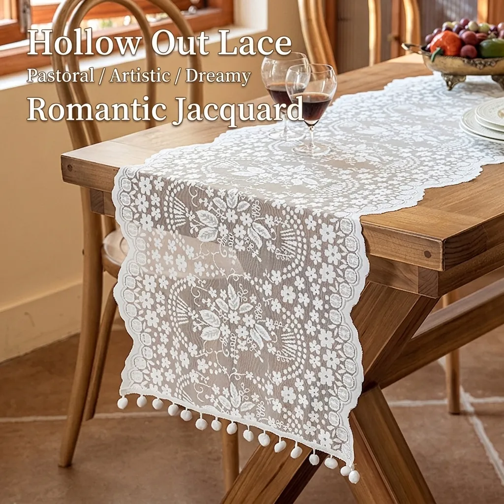 French Vintage Lace Table Runner Hollow Floral Jacquard With Pom Pom Fringe Decor For Wedding Party Dining Table Coffee Table