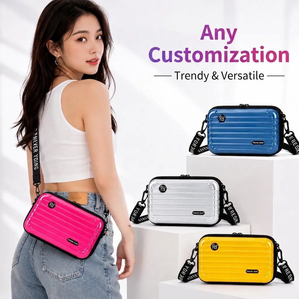 Mini Suitcase Shape Hard Shell Makeup Bag ABS Polycarbonate Waterproof Crossbody Shoulder Storage Case Women