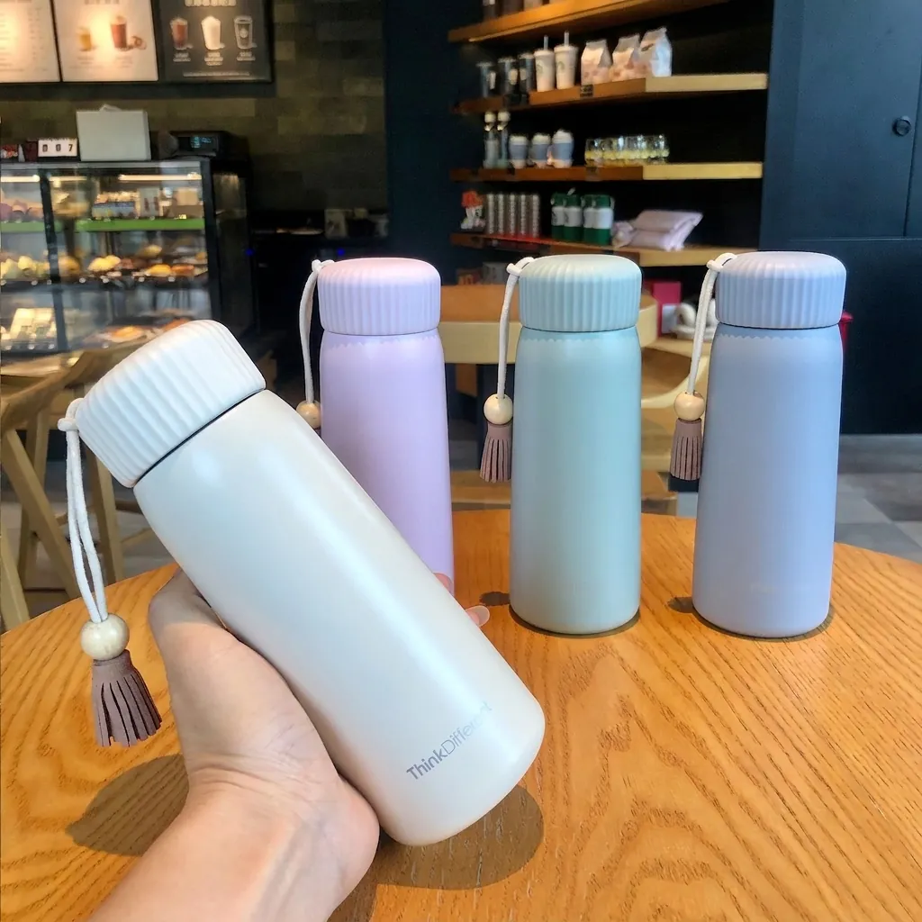Tassel Portable Stainless Steel Vacuum Insulated Thermos Cup Cute Mini Water Bottle For Women Students Solid Color Travel Mug