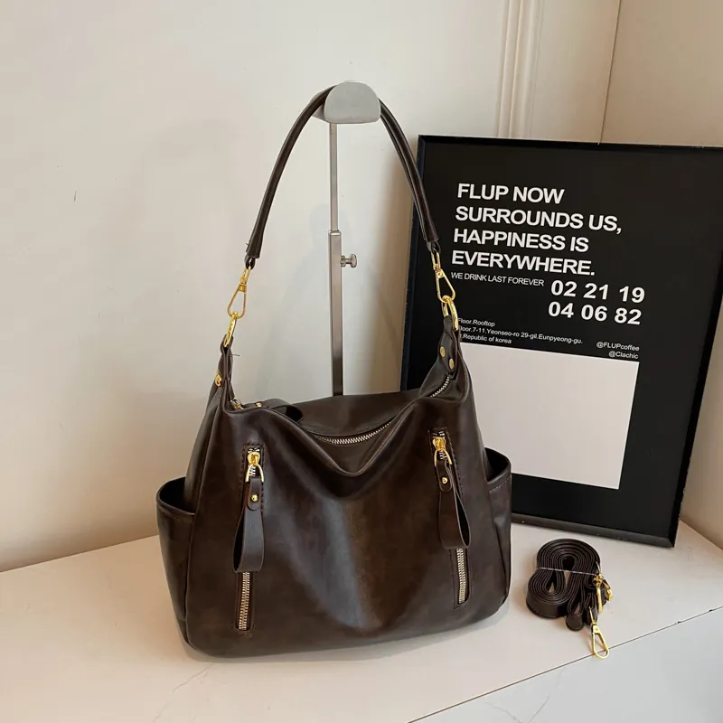 Vintage Large Capacity Synthetic Leather Tote Bag Minimalist Shoulder Crossbody Handbag For Women Casual Daily Fashion Bag