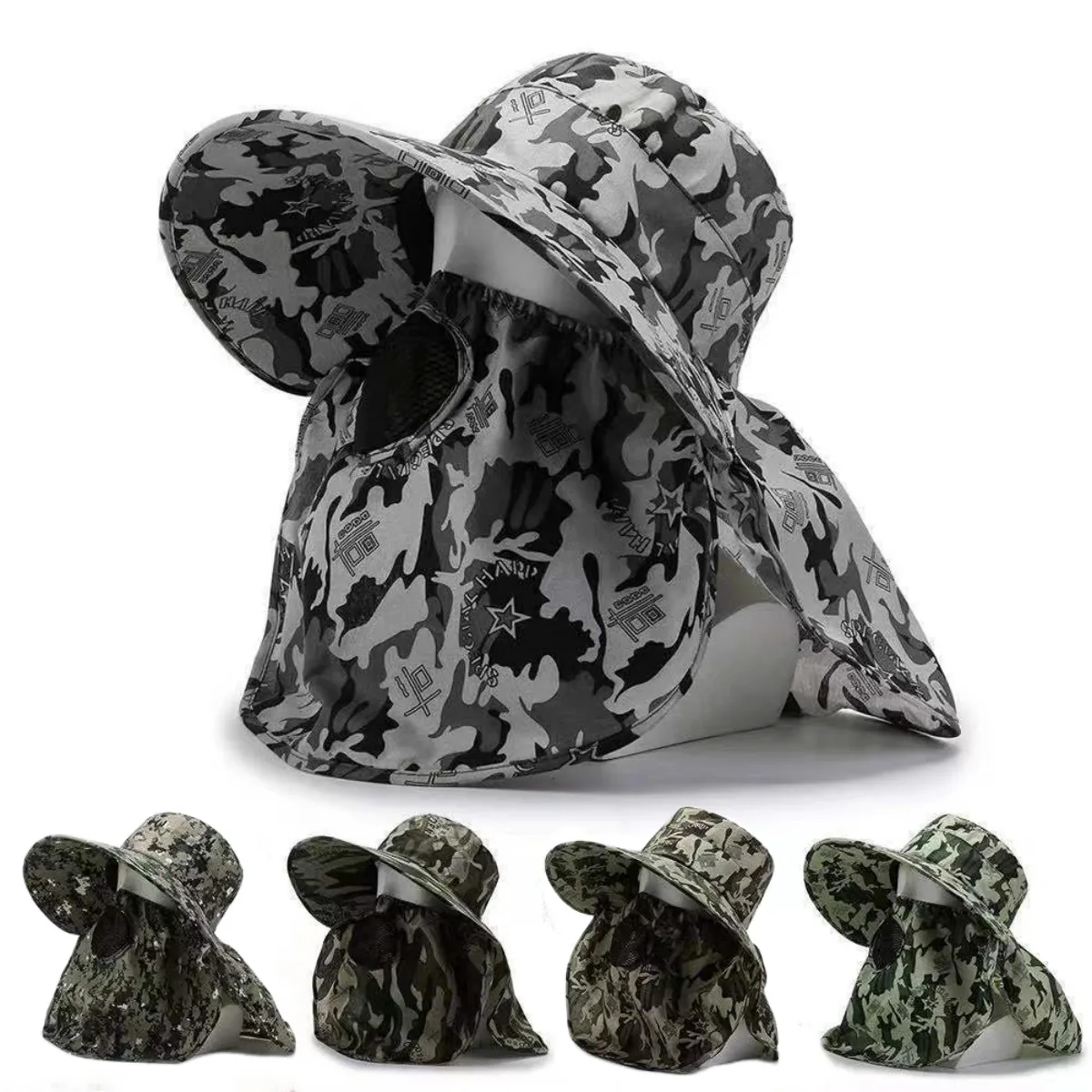 Chapeau de Pêche de Protection Solaire Extérieur pour Hommes Avec Rabat de Cou Masque de Visage Large Bord Camouflage