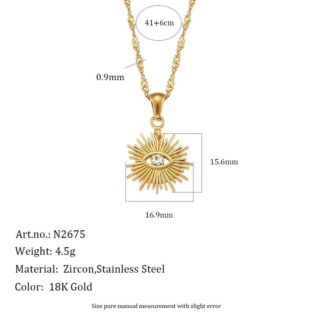 Stainless Steel Evil Eye Pendant Necklace With Water Wave Chain Rhinestone Inlaid Sunburst Radiant Jewelry For Women